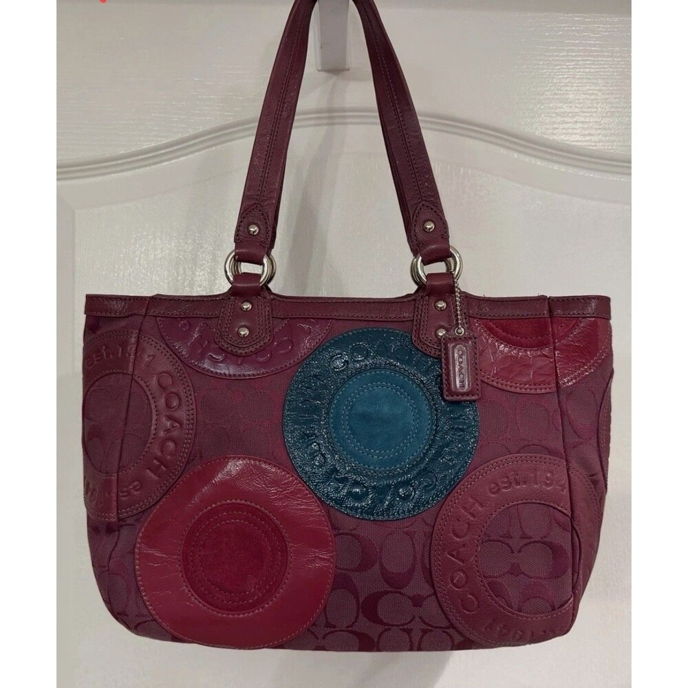 Coach Two-Tone Maroon and Teal Patchwork Shoulder Tote